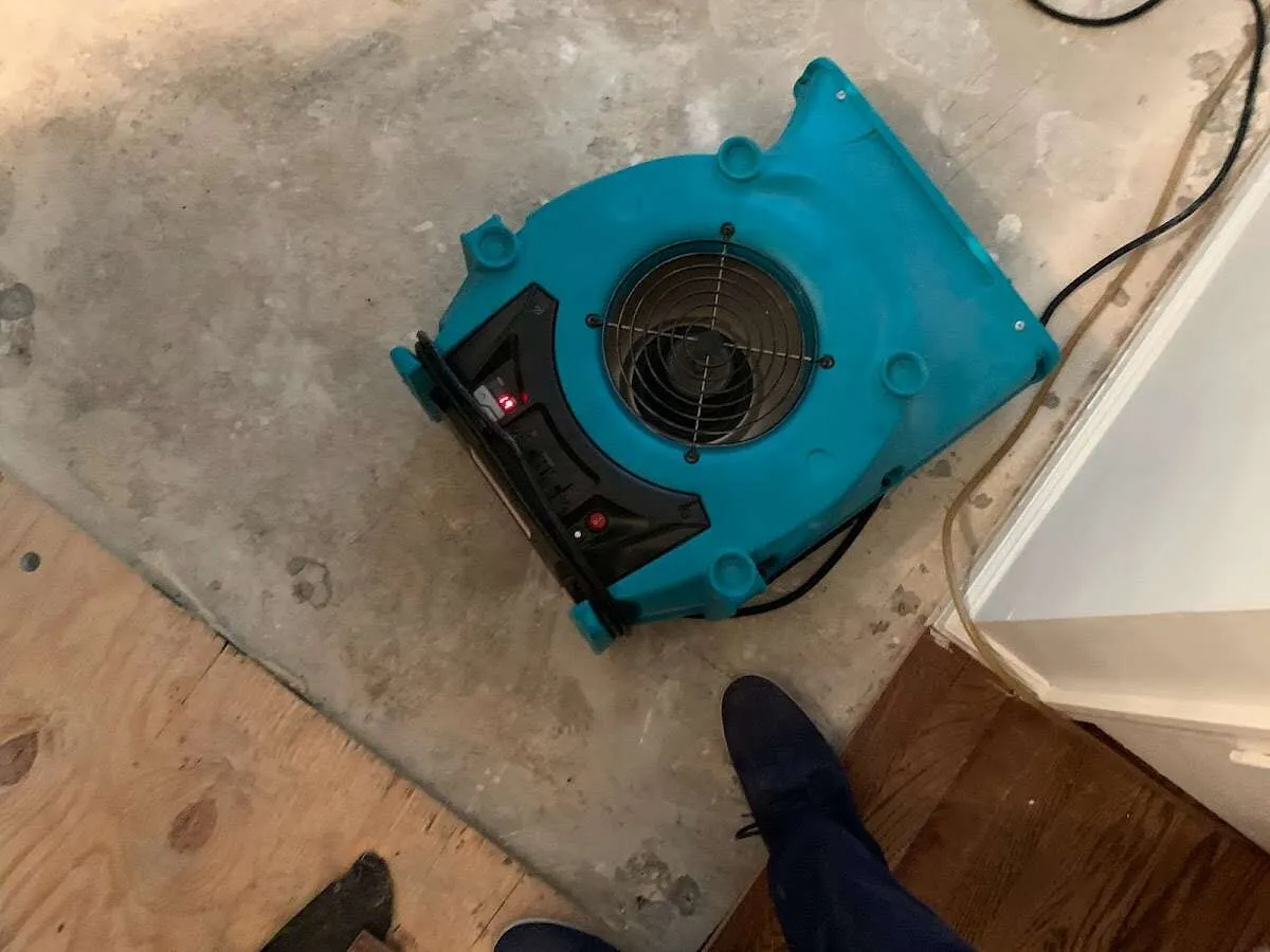 Air mover drying subfloor during Commercial Water Damage Restoration in Palmetto